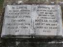 George Alfred TRYHORN, husband father,
died 5 Aug 1959 aged 81 years;
Matilda Hilda,
wife mother mother-in-law grandmother,
died 8 April 1965 aged 67 years;
Ma Ma Creek Anglican Cemetery, Gatton shire