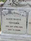 Alice Maria TRYHORN,
died 30 April 1925 aged 75 years;
Charles TRYHORN, husband,
died 10 Dec 1926 aged 81 years;
Ma Ma Creek Anglican Cemetery, Gatton shire