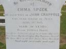 Emma Speck,
wife of John CHAPPELL,
died 14 July 1915 aged 30 years;
Ma Ma Creek Anglican Cemetery, Gatton shire