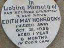 Edith May HORROCKS, daughter sister,
died 31 Oct 1928 aged 1 year 8 months;
Ma Ma Creek Anglican Cemetery, Gatton shire