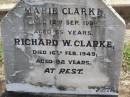 Marie CLARKE,
died 12 Sept 1926 aged 55 years;
Richard W. CLARKE,
died 16 Feb 1949 aged 92 years;
Ma Ma Creek Anglican Cemetery, Gatton shire