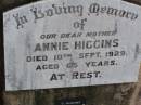 Annie HIGGINS, mother,
died 10 Sept 1929 aged 65 years;
C. HIGGINS, male,
died 22-8-1927 aged 84 years;
Ma Ma Creek Anglican Cemetery, Gatton shire