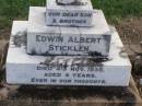 Edwin Albert STICKLEN, son brother,
died 4 Nov 1935 aged 4 years;
Hilda May STICKLEN, daughter sister aunt,
died 24 Nov 1939 aged 51 years;
William Alban STICKLEN, husband father,
died 11 May 1936 aged 77 years;
Charlotte Elizabeth STICKLEN, mother,
died 21 May 1949 aged 86 years;
Martha Florence CUMING, aunt,
died 7 Aug 1938 aged 89 years;
Ma Ma Creek Anglican Cemetery, Gatton shire