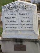 Adeline Alice PETERSEN,
died 15 Nov 1933 aged 54 years;
Peter PETERSEN,
died 8 Jan 1969 aged 94 years;
Andrew Robert BELL, son,
died 9-11-1973 aged 3 months;
Ma Ma Creek Anglican Cemetery, Gatton shire