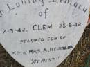 Clem, son of Mr & Mrs A. NEUMANN,
7-5-42 - 25-8-42;
Ma Ma Creek Anglican Cemetery, Gatton shire