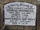 George HORROCKS, husband father,
died 25 Jan 1941 aged 74 years;
Margareta A. HORROCKS, mother,
died 3 Sept 1945 aged 71 years;
Ma Ma Creek Anglican Cemetery, Gatton shire