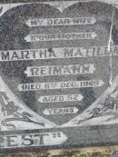 Frederick William REIMANN, father,
died 18 May 1969 aged 70 years;
Martha Matilda REIMANN, wife mother,
died 6 Dec 1949 aged 52 years;
Ma Ma Creek Anglican Cemetery, Gatton shire
