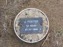 J. FOSTER, female,
died 21-10-1960 aged 73 years;
Ma Ma Creek Anglican Cemetery, Gatton shire