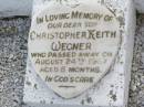 Rudolph WEGNER, husband father,
died 17 June 1952 aged 69 years;
Annie Matilda (Jinny) WEGNER, mother,
died 13 May 1983 aged 82 years 7 months;
Christopher Keith WEGNER, son,
died 24 Aug 1967 aged 6 months;
Ma Ma Creek Anglican Cemetery, Gatton shire