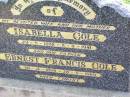 Isabella COLE, wife mother,
29-5-1902 - 11-11-1981;
Ernest Francis COLE, father,
30-4-1898 - 28-5-1989;
Ma Ma Creek Anglican Cemetery, Gatton shire