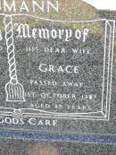 Emil NAUMANN, husband,
died 31 March 1981 aged 82 years;
Grace NAUMANN, wife,
died 1 Oct 1987 aged 87 years;
Ma Ma Creek Anglican Cemetery, Gatton shire