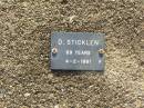 D. STICKLEN, female,
died 4-2-1981 aged 69 years;
Ma Ma Creek Anglican Cemetery, Gatton shire