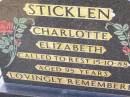 Charlotte Elizabeth STICKLEN,
died 15-10-88 aged 95 years;
Ma Ma Creek Anglican Cemetery, Gatton shire