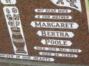 Margaret Bertha POOLE, wife mother,
died 30 Dec 1975 aged 54 years;
Ma Ma Creek Anglican Cemetery, Gatton shire