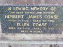 Herbert James COASE, father,
died 3-2-72 aged 80 years;
Ellen COASE, mother,
died 23-5-73 aged 77 years;
Ma Ma Creek Anglican Cemetery, Gatton shire