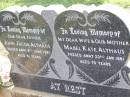 John Jacob ALTHAUS, father,
died 4 June 1981 aged 81 years;
Mabel Kate ALTHAUS, wife mother,
died 23 Jan 1981 aged 70 years;
Ma Ma Creek Anglican Cemetery, Gatton shire