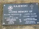 William Frederick (Bill) KAJEWSKI,
husband dad grandad great-grandad,
23-9-1917 - 23-6-1998;
Laura Ellen KAJEWSKI,
wife mum grandma great-grandma;
27-12-1925 - 23-9-2001;
Ma Ma Creek Anglican Cemetery, Gatton shire