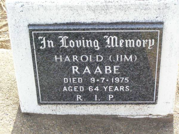 Harold (Jim) RAABE,  | died 9-7-1975 aged 64 years;  | Ma Ma Creek Anglican Cemetery, Gatton shire  | 