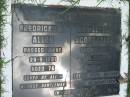 Frederick W. ALLEN,
died 29-9-1991 aged 76;
Muriel Elga Scott ALLEN,
wife mother grandmother,
died 30-7-1985 aged 65 years;
Maclean cemetery, Beaudesert Shire