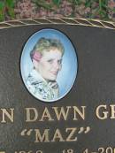 Marion Dawn GROVES (Maz),
4-7-1962 - 18-4-2003,
Clem, Cassie, Amanda & Chester,
Bill & Mavis SMITH;
Maclean cemetery, Beaudesert Shire