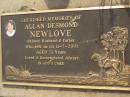 Allan Desmond NEWLOVE,
husband father,
died 11-7-2001 aged 71 years;
Maroon General Cemetery, Boonah Shire