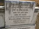 W.H. PETERS,
husband father,
died 5 Aug 1939 aged 70 years;
Wilhelmine PETERS,
wife mother,
died 16 Oct 1944 aged 70 years;
Meringandan cemetery, Rosalie Shire
