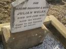 Julan WELKE,
daughter sister,
died 12 June 1898 aged 19 12 years;
Meringandan cemetery, Rosalie Shire
