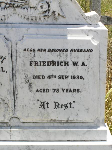 Caroline WENZEL,  | died 10 Nov 1926 aged 68 years;  | Friedrich W.A. WENZEL,  | husband,  | died 4 Sep 1930 aged 78 years;  | Milbong St Luke's Lutheran cemetery, Boonah Shire  | 