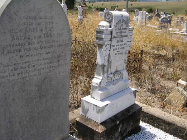 Emelie Amalie Mathilde BADKE, nee GUNTHER,  | wife mother,  | died 8 Feb 1888 aged 39 years 4 months;  | August Ferdinand BADKE,  | husband father,  | died 27 Jan 1928 aged 81 years;  | Milbong St Luke's Lutheran cemetery, Boonah Shire  | 