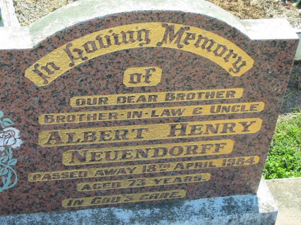 Albert Henry NEUENDORFF  | 18 Apr 1984, aged 73  | Minden Zion Lutheran Church Cemetery  | 