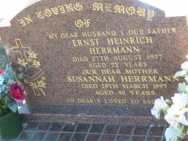 Ernst Heinrich HERRMANN  | 27 Aug 1977, aged 72  | Susannah HERRMANN  | 29 Mar 1997, aged 90  | Minden Zion Lutheran Church Cemetery  | 