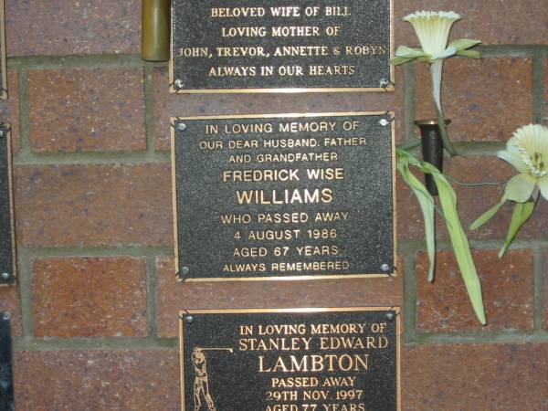 Fredrick Wise WILLIAMS,  | husband father grandfather,  | died 4 Aug 1986 aged 67 years;  | Mooloolah cemetery, City of Caloundra  |   | 