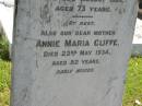 Harry CLIFFE,
husband father,
died 30 Aug 1926 aged 73 years;
Annie Maria CLIFFE,
mother,
died 22 May 1934 aged 82 years;
Moore-Linville general cemetery, Esk Shire