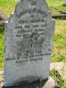 Emil MARTIN,
died 21 Jan 1927 aged 43 years;
Otto,
brother,
died Babinda 16 Feb 1928;
erected by parents & sister Ausgusta DOUGLAS;
Moore-Linville general cemetery, Esk Shire