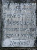 Ernest F.W. KASSULKE,
husband father,
died 28 Sept 1928 aged 61 years;
Alvena Bertha KASSULKE,
mother,
died 11 Dec 1954 aged 86 years;
Moore-Linville general cemetery, Esk Shire