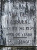 Ernest F.W. KASSULKE,
husband father,
died 28 Sept 1928 aged 61 years;
Alvena Bertha KASSULKE,
mother,
died 11 Dec 1954 aged 86 years;
Moore-Linville general cemetery, Esk Shire