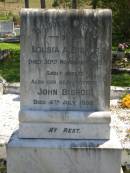 Louisa A. BISHOP,
died 30 Nov 1929;
John BISHOP,
father,
died 4 July 1932;
Moore-Linville general cemetery, Esk Shire