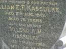 William E.F. KASSULKE,
husband father,
died 8 Aug 1947 aged 78 years;
Helena A.M. KASSULKE,
mother,
died 7 July 1965 aged 88 years;
Moore-Linville general cemetery, Esk Shire
