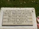 Mary Bertha MARTIN,
mother,
died 24 Mar 1940 aged 47 years;
Walter MARTIN,
brother,
died 25 Mar 1940 aged 23 years;
William MARTIN,
brother,
died 28 Mar 1940 aged 19 years;
Moore-Linville general cemetery, Esk Shire