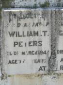 William T. PETERS,
father,
died 17? March 1942 aged 63? years;
Georgina A. PETERS,
mother,
died 25? Dec 1942 aged 59 years;
Moore-Linville general cemetery, Esk Shire