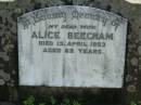 Alice BEECHAM,
wife,
died 13 April 1953 aged 68 years;
Moore-Linville general cemetery, Esk Shire