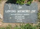 Arthur Ernest DRAPER,
died 26 Feb 1993 aged 65 years;
Moore-Linville general cemetery, Esk Shire