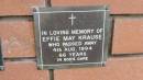 
Effie May KRAUSE
d: 4 Aug 1994, aged 66

Mount Cotton St Pauls Lutheran Columbarium wall 


