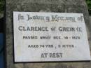 Clarence W. GREINKE,
died 10 Dec 1974 aged 74 years 2 months;
Mt Beppo General Cemetery, Esk Shire