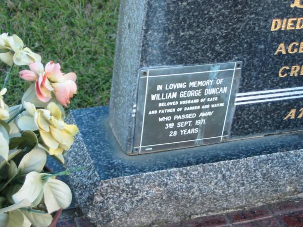 William George DUNCAN, died 3 Sept 1971 aged 28 years, cremated 1971, husband of Kaye, father of Darren and Wayne;  | Mt Mee Cemetery, Caboolture Shire  | 
