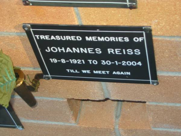 Johannes REISS,  | 19-8-1921 - 30-1-2004;  | Mudgeeraba cemetery, City of Gold Coast  | 