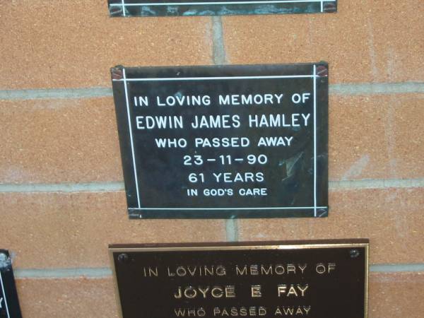 Edwin James HAMLEY,  | died 23-11-90 aged 61 years;  | Mudgeeraba cemetery, City of Gold Coast  | 