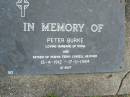 Peter BURKE,
husband of Roma,
father of Robyn, Terry, Lyndell, Heather,
13-4-1912 - 17-11-1984;
Mudgeeraba cemetery, City of Gold Coast