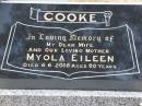 Myola Eileen COOKE,
wife mother,
died 6-6-2008 aged 90 years;
Mudgeeraba cemetery, City of Gold Coast
Research Contact: Adelle Jordan (da.jordan@bigpond.com)