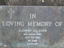 Clement GILLESPIE;
d: 25-2-1990,
aged 80;
Mudgeeraba cemetery, City of Gold Coast
Research Contact: Adelle Jordan (da.jordan@bigpond.com)